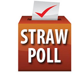 A box with the words STRAW POLL and a paper with a red check mark