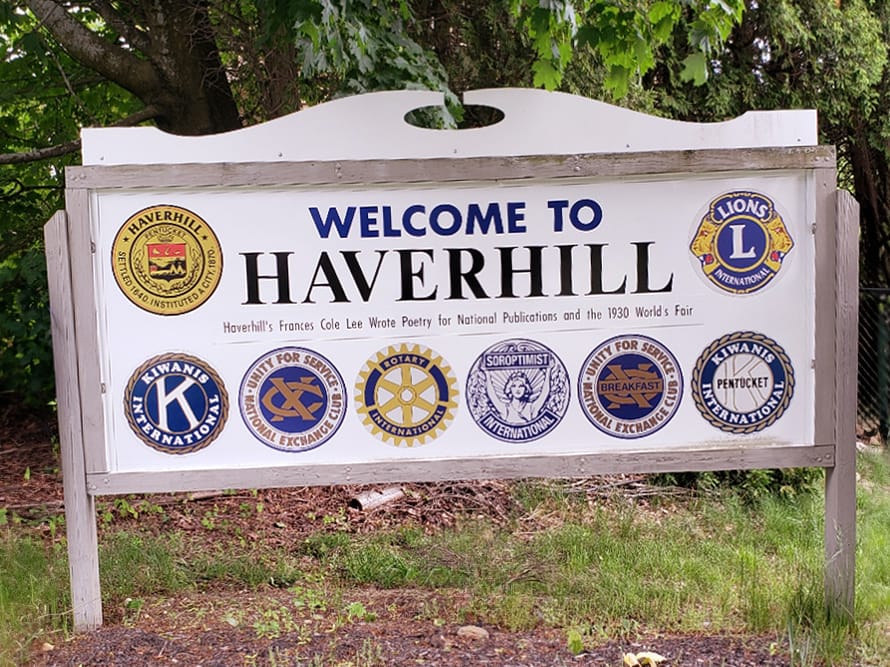 Haverhill welcome sign with civic groups' emblems